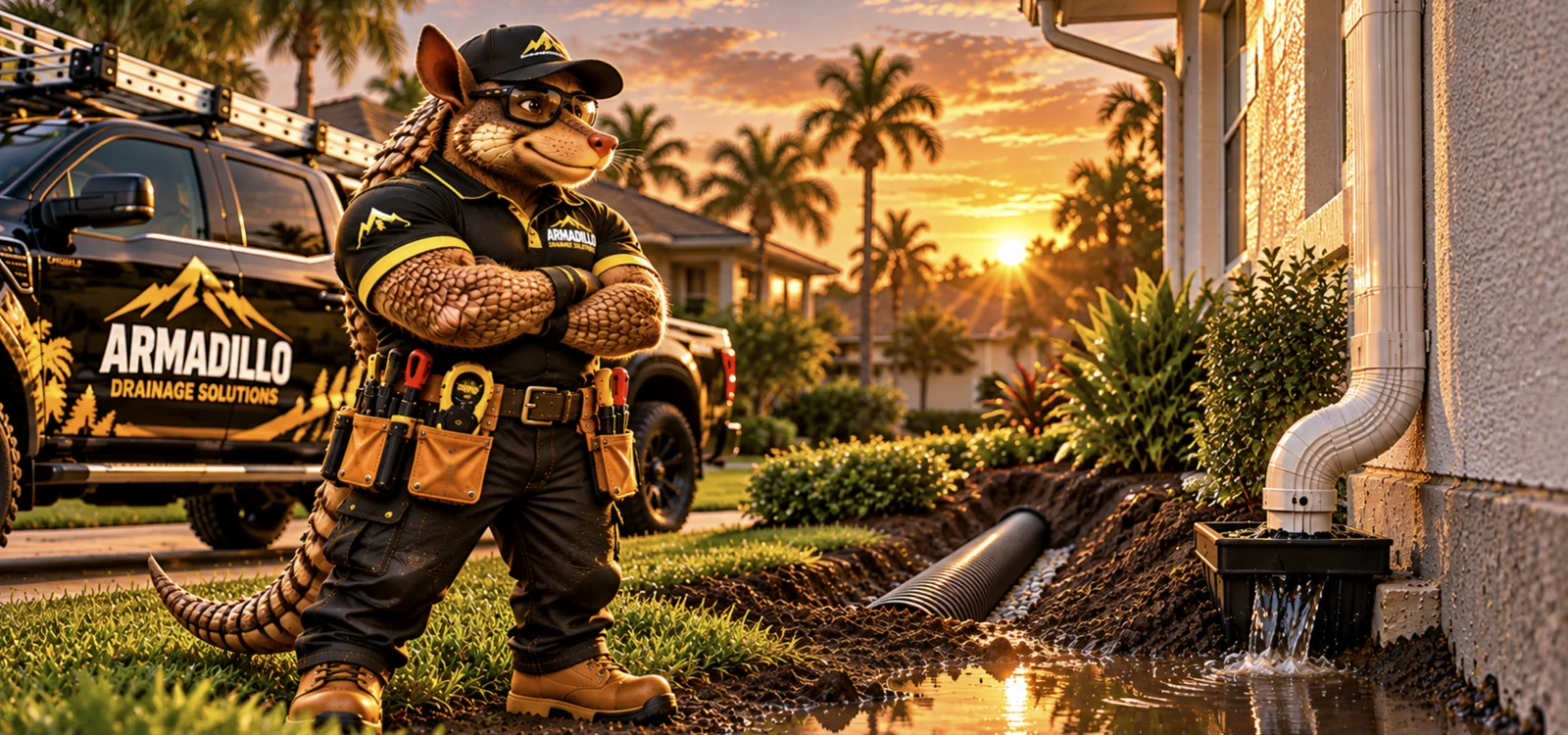Armadillo Drainage truck and crew lead at sunset