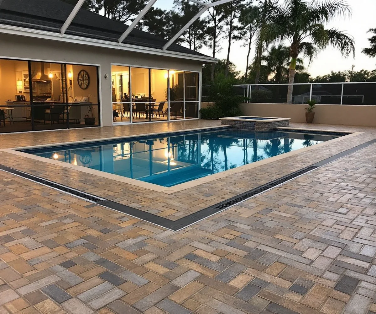 Paver pool deck with a slot drain along the edge under a screened enclosure