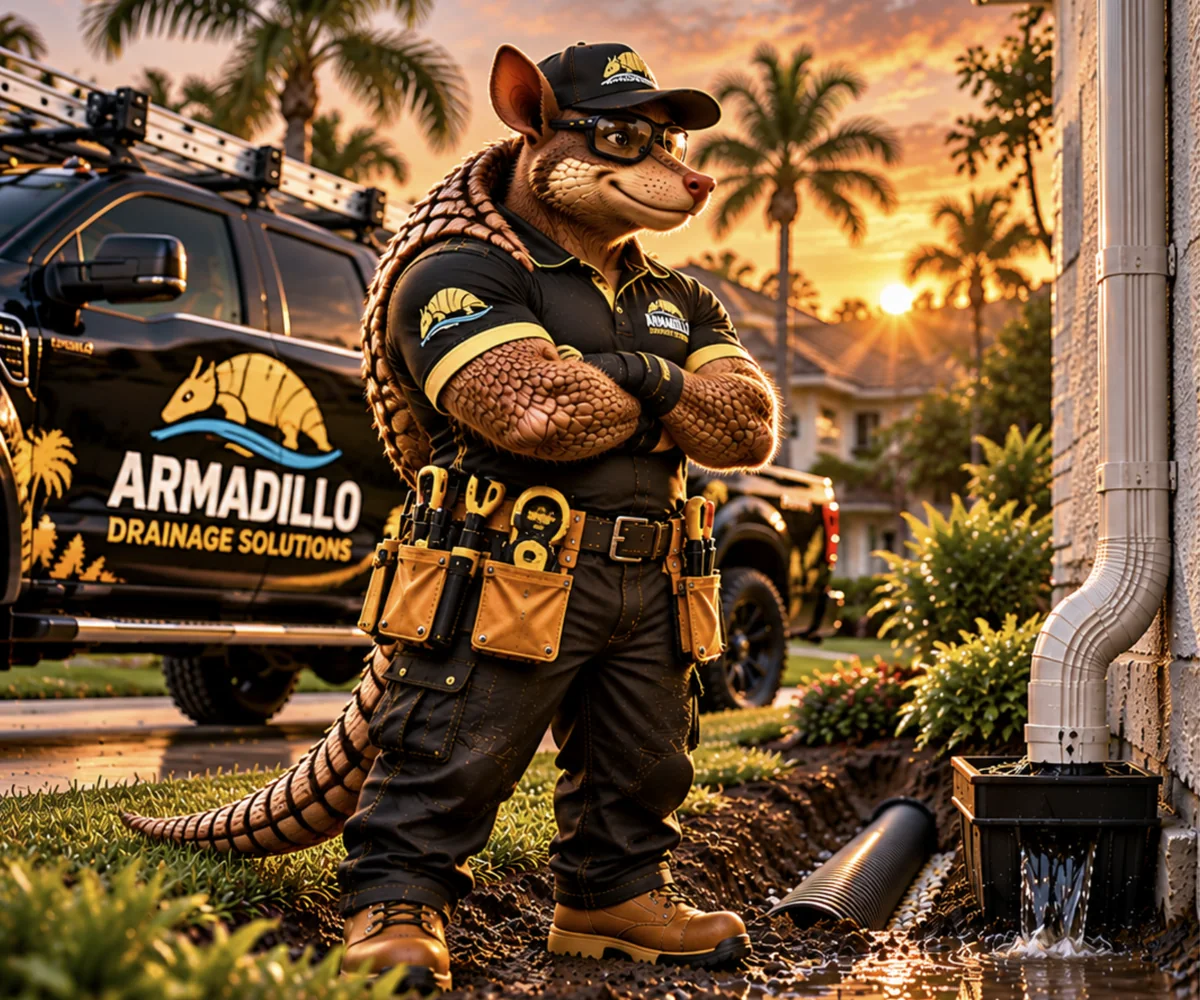 Armadillo crew member next to a finished catch basin under a downspout